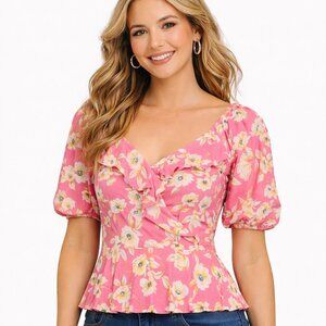 NWT Lush Floral Top Sz L Peplum Blouse Ruffle Hem Cottagecore Girly Flirty Date